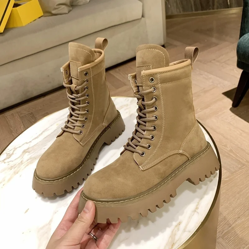 2022 Women Boots Cow Suede Leather Motorcycle Boots Lace-up Shoes Med Heel Ladies Ankle Boots Autumn Woman Shoes Botas De Mujer