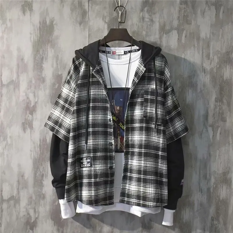 

Spring Men 'S Plaid Shirt Hooded Long Sleeve Korean Style Trendy Patchwork Fake Two Pieces Young Male Student Shirt Coat