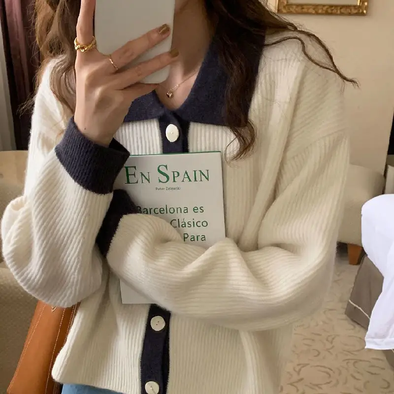 

Women Long Sleeve Polo Collar Sweater Female Fashion Patchwork Spring Autumn Casual Tops Korean Style Chic Knit Cardigan D88