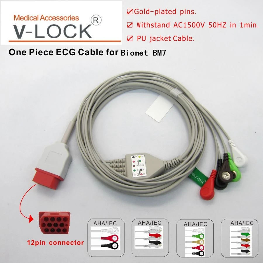 

ECG Cable with Grabber Clip Snap for Bionet BM3 BM5 BM7 Patient Monitor