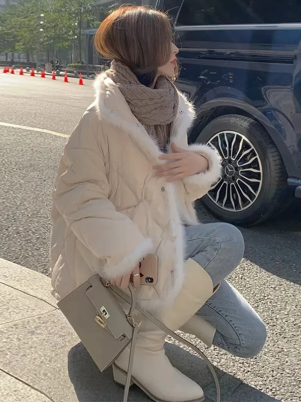 Fashion Patchwork White Frayed Cotton-Padded Coat for Women 2025 Winter New Rhombus Small Korean Sle Loose Outerwear