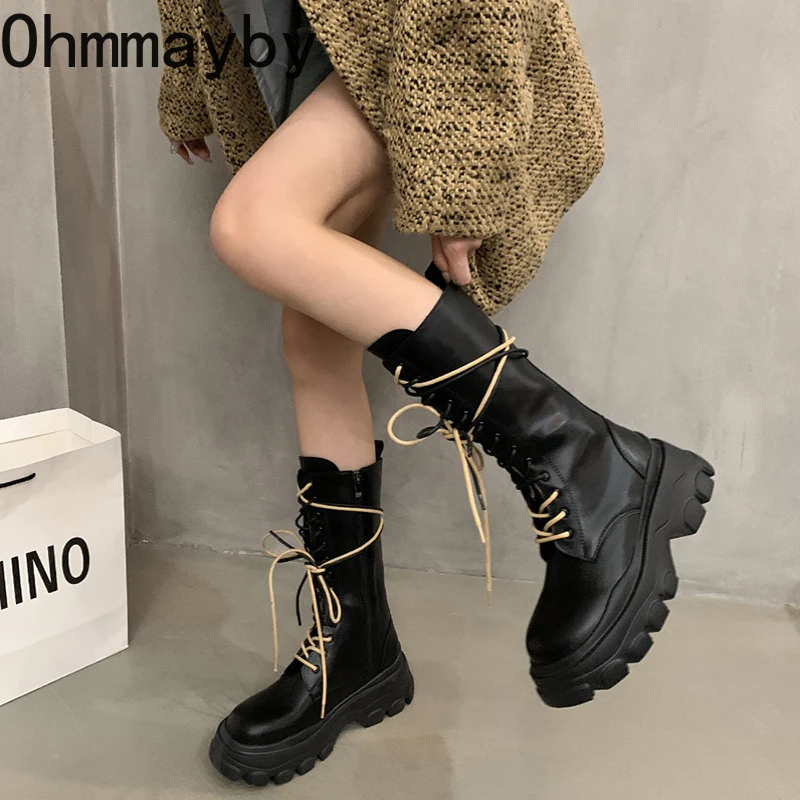 

Winter Platform High Boots Women Shoes Fashion Lace Up Thick Bottom Bota Ladies Mordern Bootties