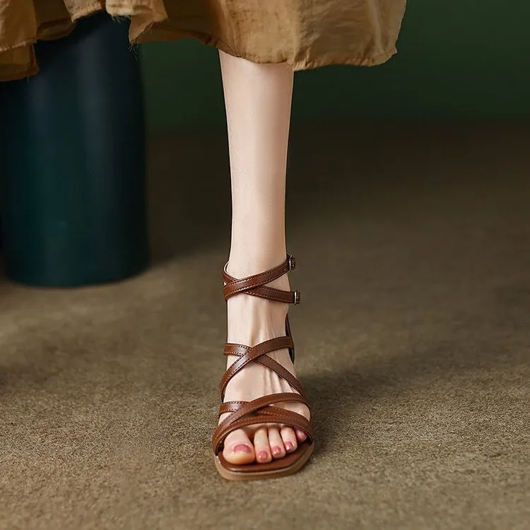 

Sandals Women Summer Ankle Strap Buckle Strap PU Thin Heels Narrow Band Casual Women's Modern Shoes Brown Strap Rome