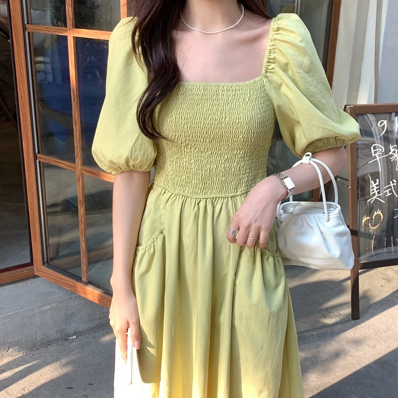 

Korean Chic Vintage Women Summer Square Colloar Midi Dress Elegant Female Fashion Puff Sleeve Vestidos Elegantes Para Mujer