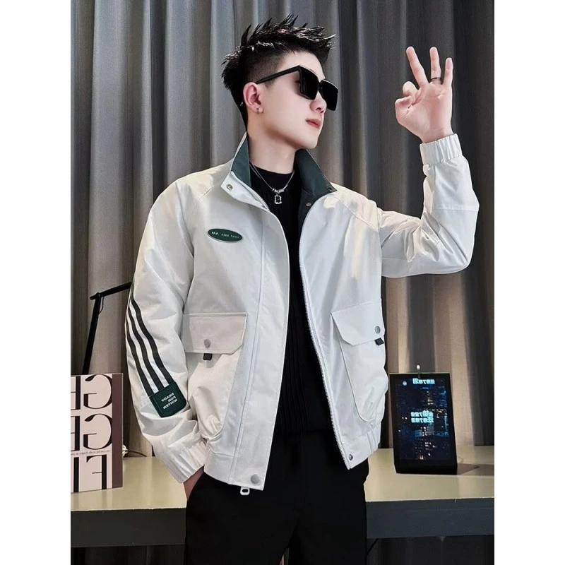 2024 New Autumn clothes Men's Stand Collar Jacket Korean Sle Trendy Handsome Stripe Top Youth All-Match Casual Outerwear