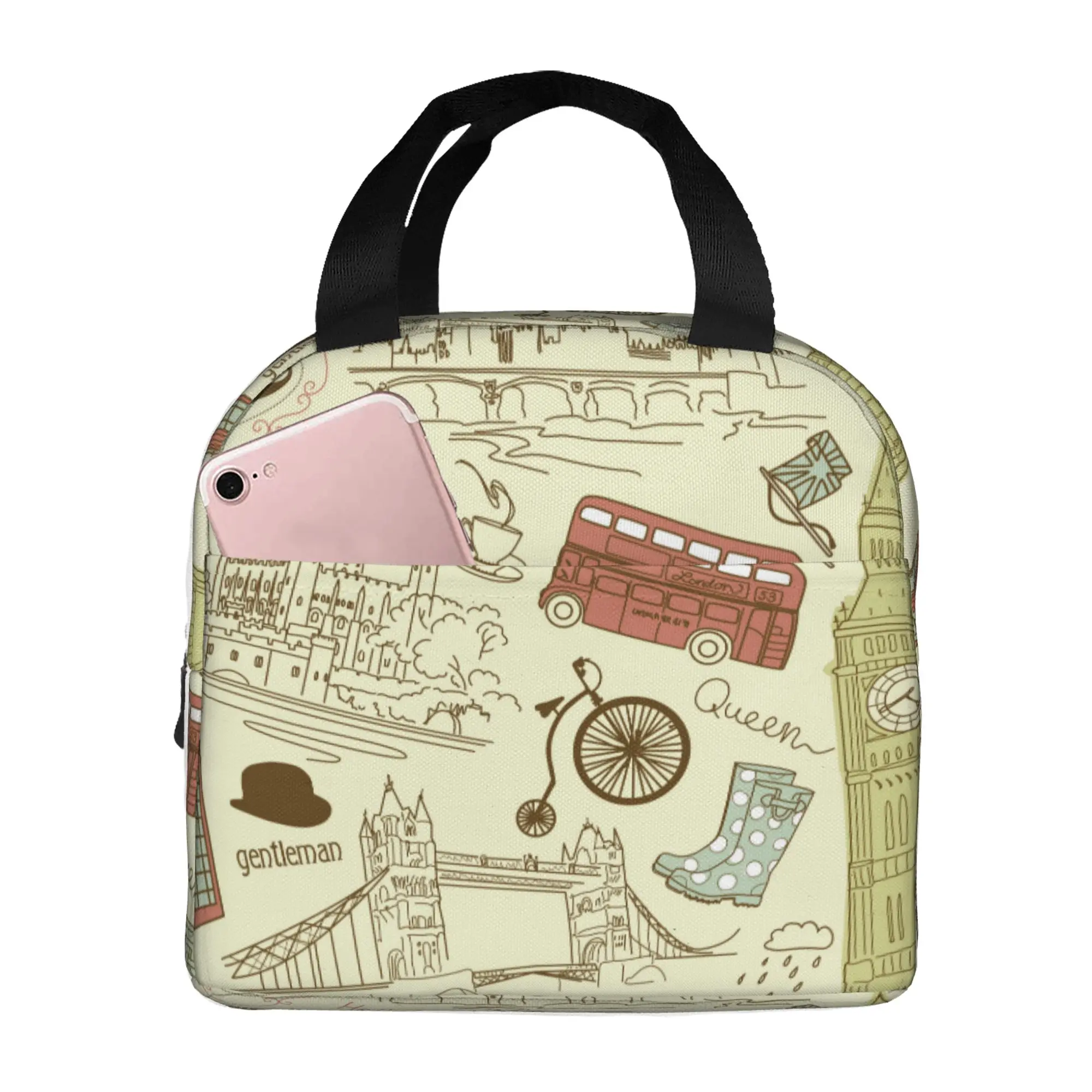 

London Doodles Lunch Bag Insulated Lunch Box Multi-functional Lunch Tote Bags Reusable Thermal Cooler Bag