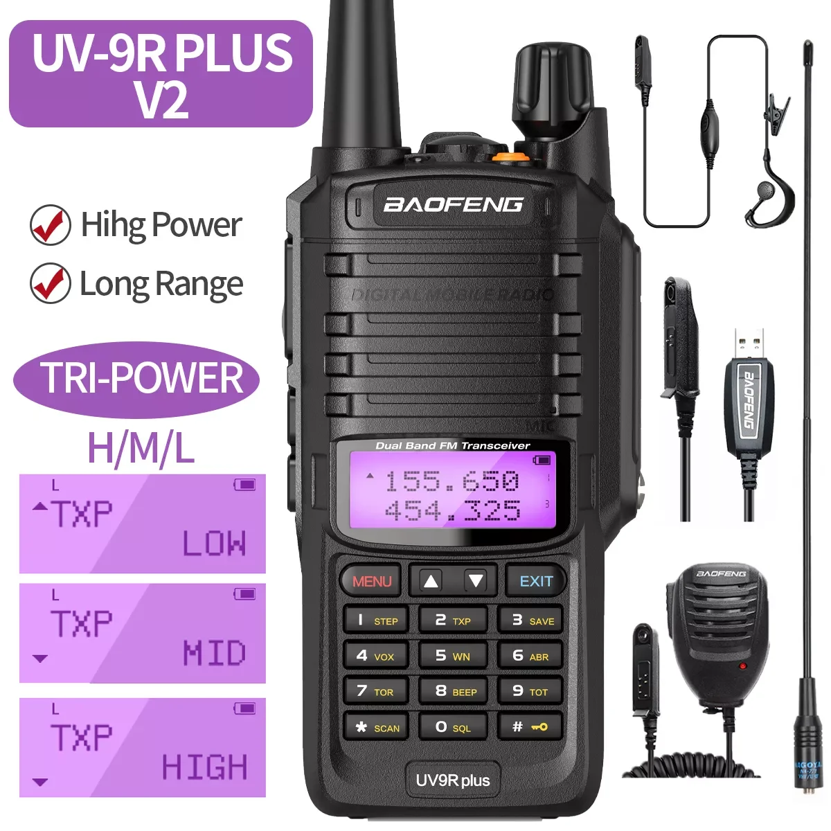 

2022 V2 UV-9R Plus Водонепроницаемая IP68 рация UV9R Plus Большой радиус действия Двухдиапазонная портативная CB Любительская рация FM двухсторонняя раци...