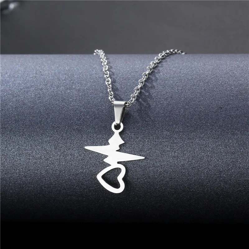 

Wave Heart Necklace ECG Heartbeat Silver Color Pendant Charm Lightning Necklace For Women Vintage Jewelry Accessories Lover Gift