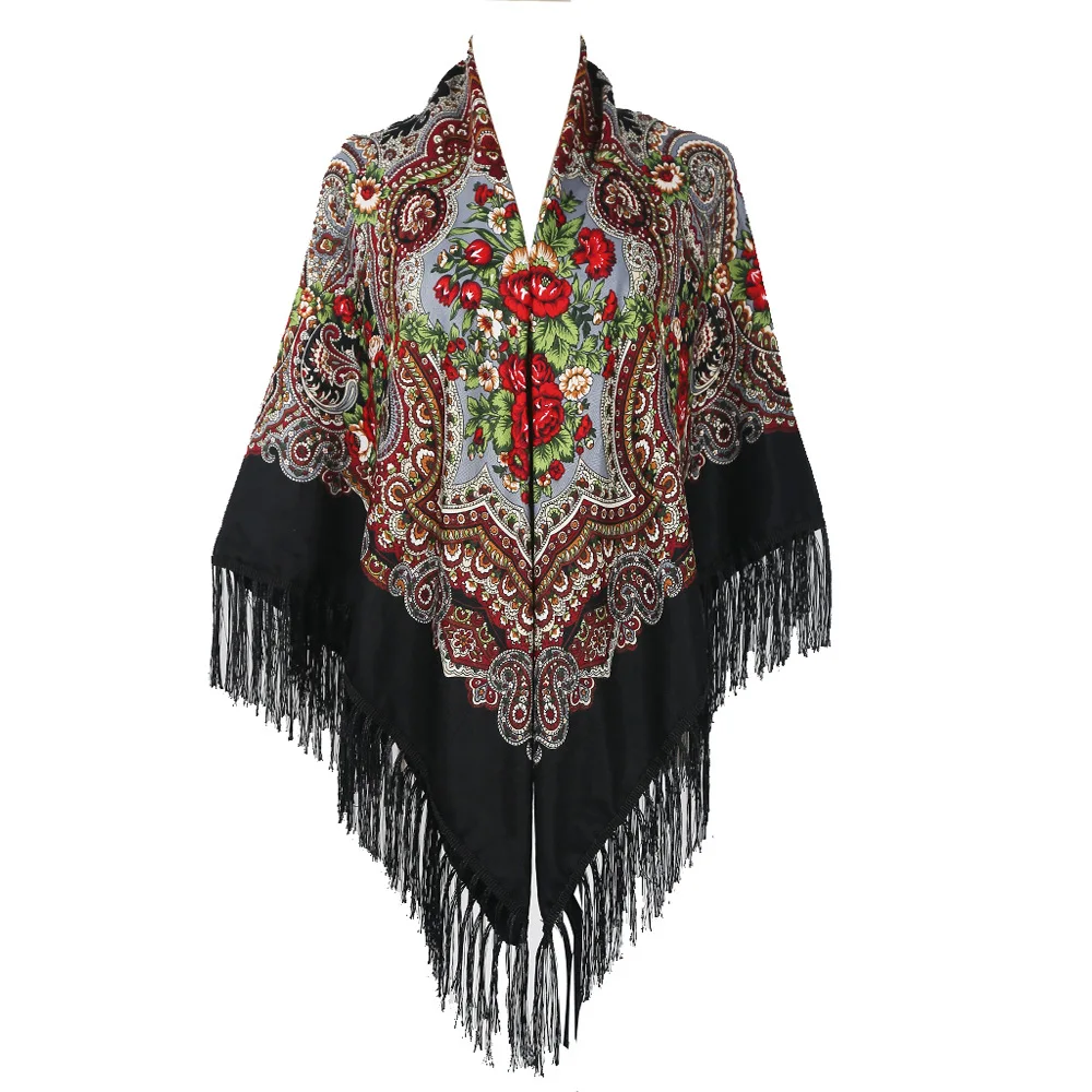 160*160cm Russian Scarf Women Retro Floral Print Square Scarves Traditional Ukraine Polish Fringed Shawl Babushka Bandana Shawls