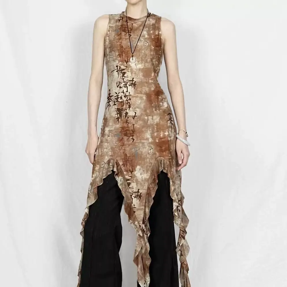 Майка с надписью Tie Dye винтажный облегающий жилет без рукавов ассиметричная