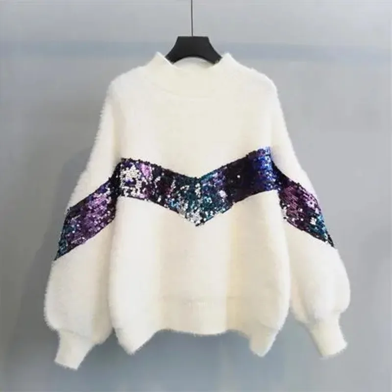 Women's Sweater With Sequins Half Turtleneck Ladies Fashion Autumn Winter Fuzzy Pullover Lantern Sleeve Basic Loose Harajuku