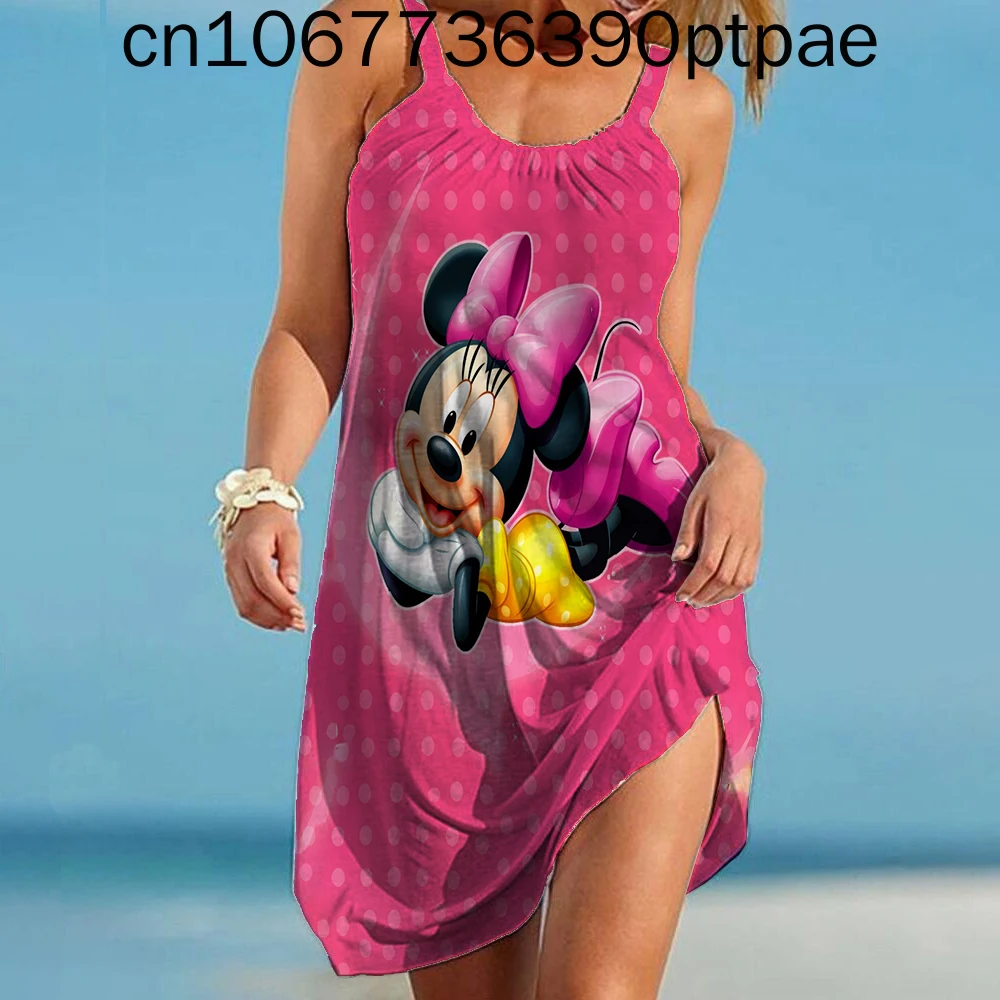

Disney Mickey Mouse Summer Print Mickey Anime Long Dress Party Ladies Casual Outdoor Beach Dress Sleeveless Knee Length Dress