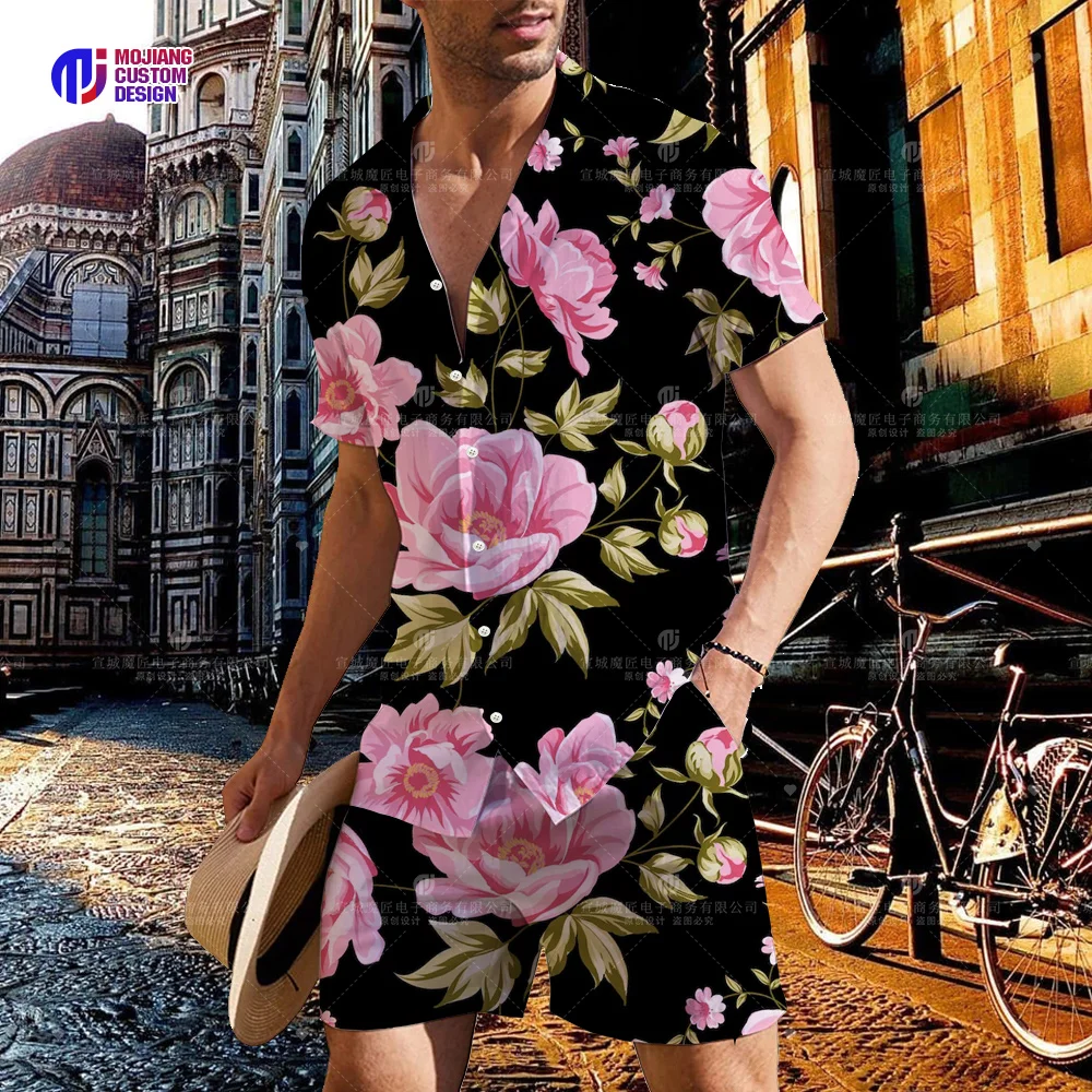 2023 Men's Fashion Personality Floral Print Button Short Sleeve Shirt Classic Design Slim Top Daily Casual Shorts Set