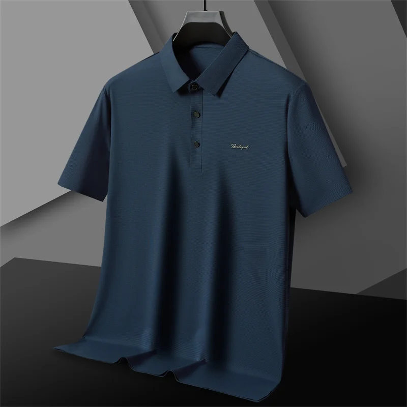 

Luxury Summer Solid Color Business Casual Trend Seamless Ice Silk Fabric Printing Design Lapel Polo Shirt Short Sleeve Top M-4XL