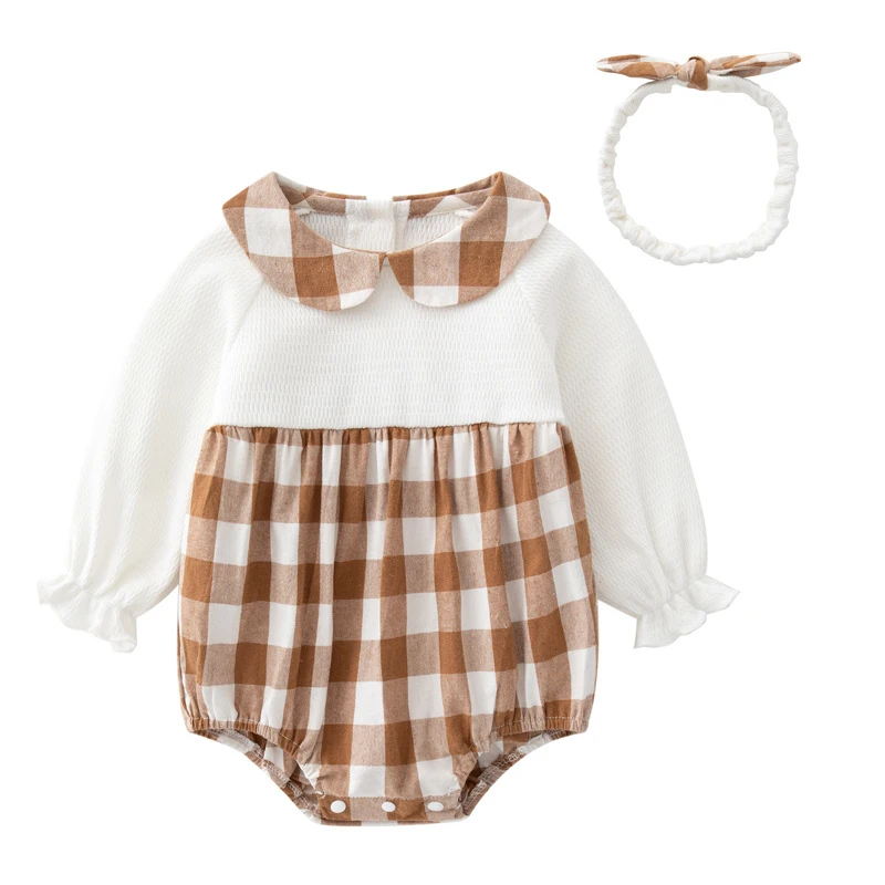 

Peter Pan Collar Baby Girls Clohtes 2022 Autumn Grid Bodysuits Long Sleeve Infant Girls Jumpsuit with Hat
