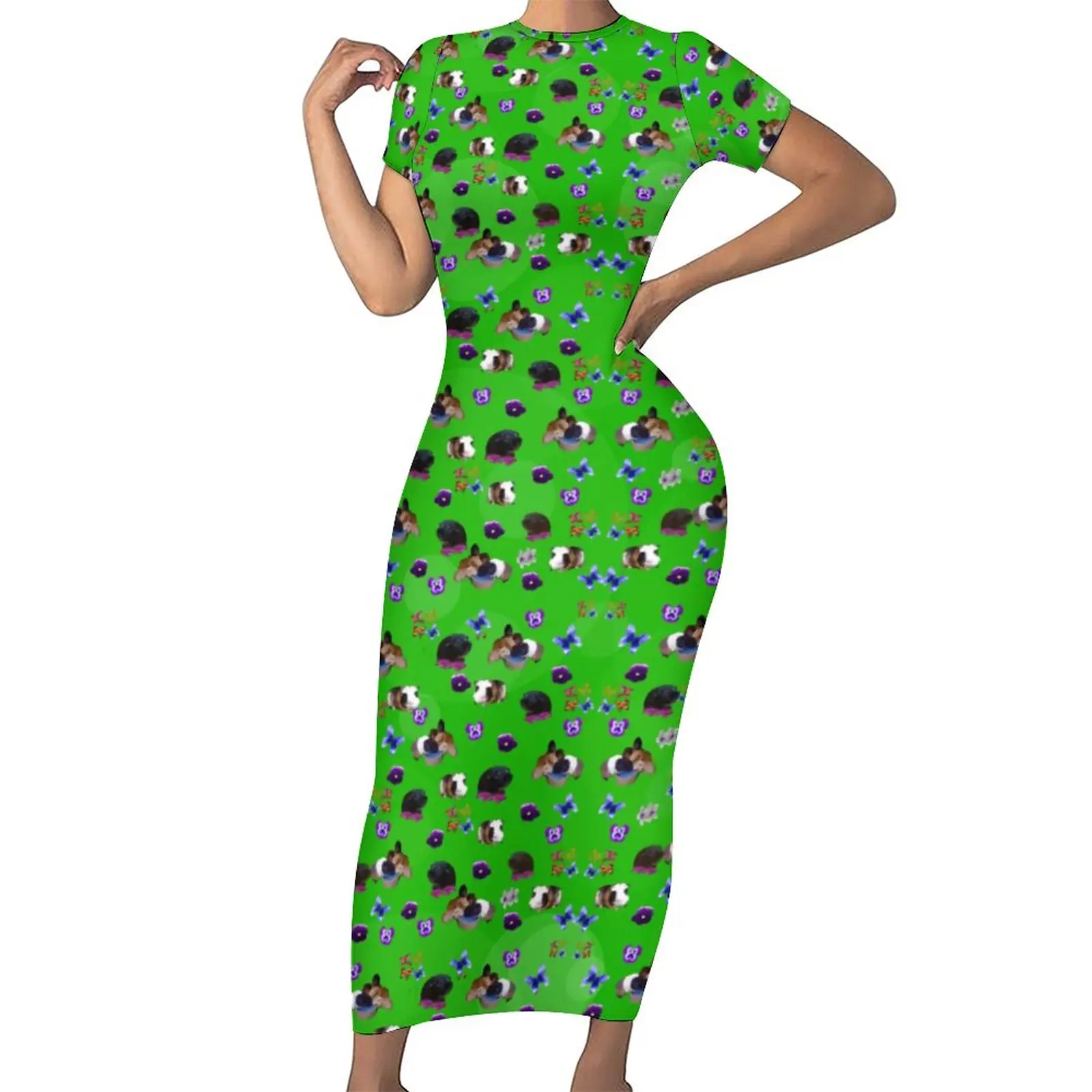Guinea Pig Dress Short Sleeve Pansies And Butterflies Retro Maxi Dresses Summer Street Wear Graphic Bodycon Dress Big Size