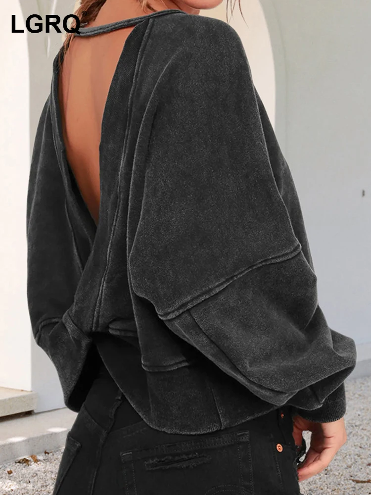 

LGRQ Backless Crisscross Design Casual Sweatshirt Women Long Sleeve Solid Color Street Wear Pullover Female Fashion Tops 19F3155
