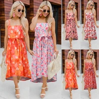 spring and summer mid length slim suspender skirt 2021 european and american foreign trade large size waist floral dress