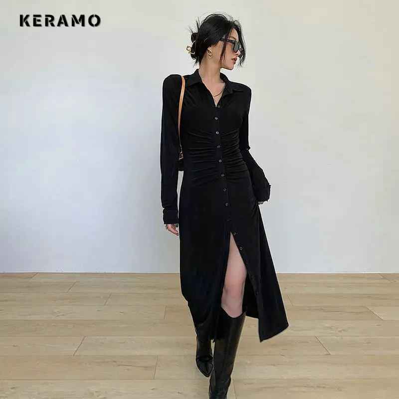 

Женское облегающее платье с отложным воротником, готическое однобортное черное платье-футляр с длинным рукавом, осень 2023