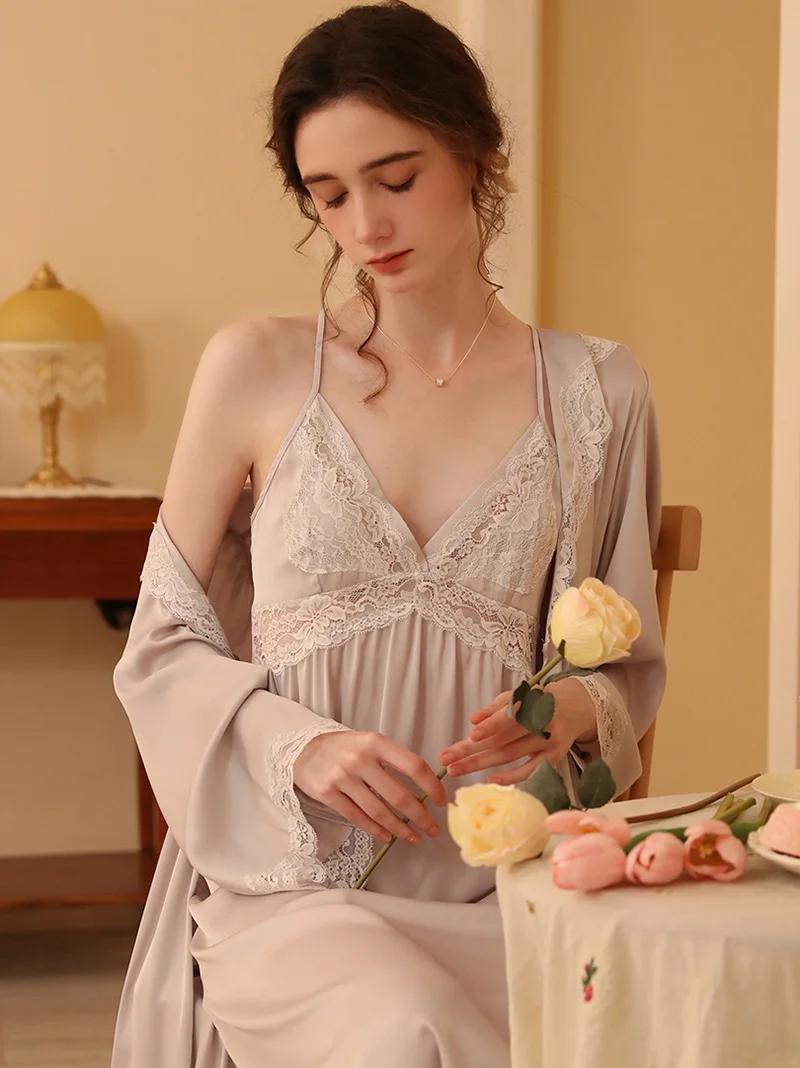 

Women Nightgown Robe Sexy Two-piece Sets Silk Lace V-Neck Spaghetti Strap Pajamas Nightdress Female Victorian Sleepwear