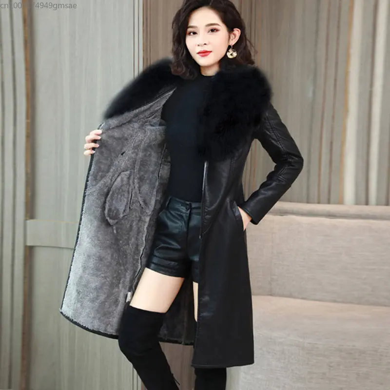 Wool Fur Collar Autumn  Winter PU Leather Women Add Velvet Thickening  Long Leather Coat Koreanof 2022 Fur Pu Leather Long Coats