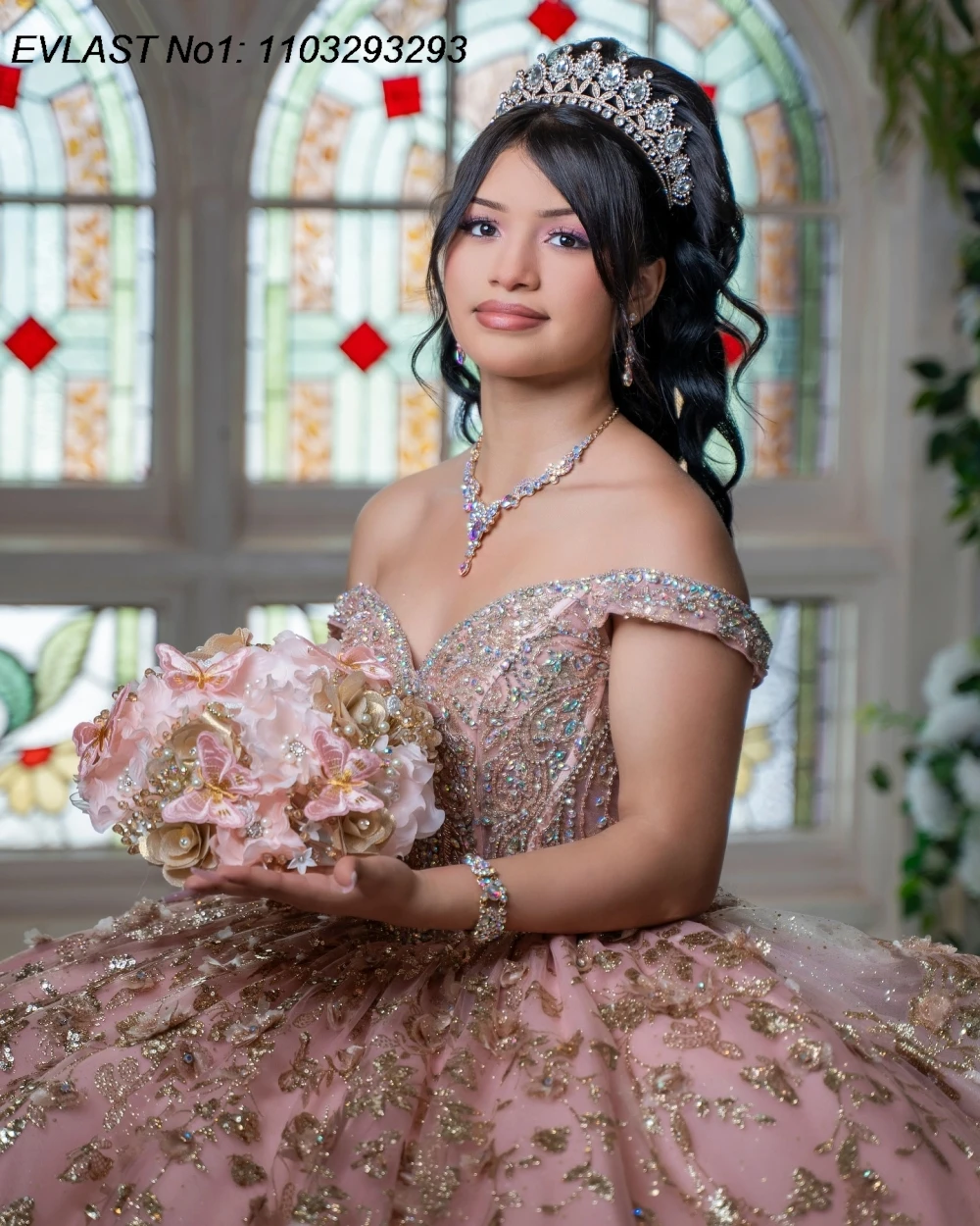 EVLAST индивидуальное мексиканское розовое платье Quinceanera бальное с золотой