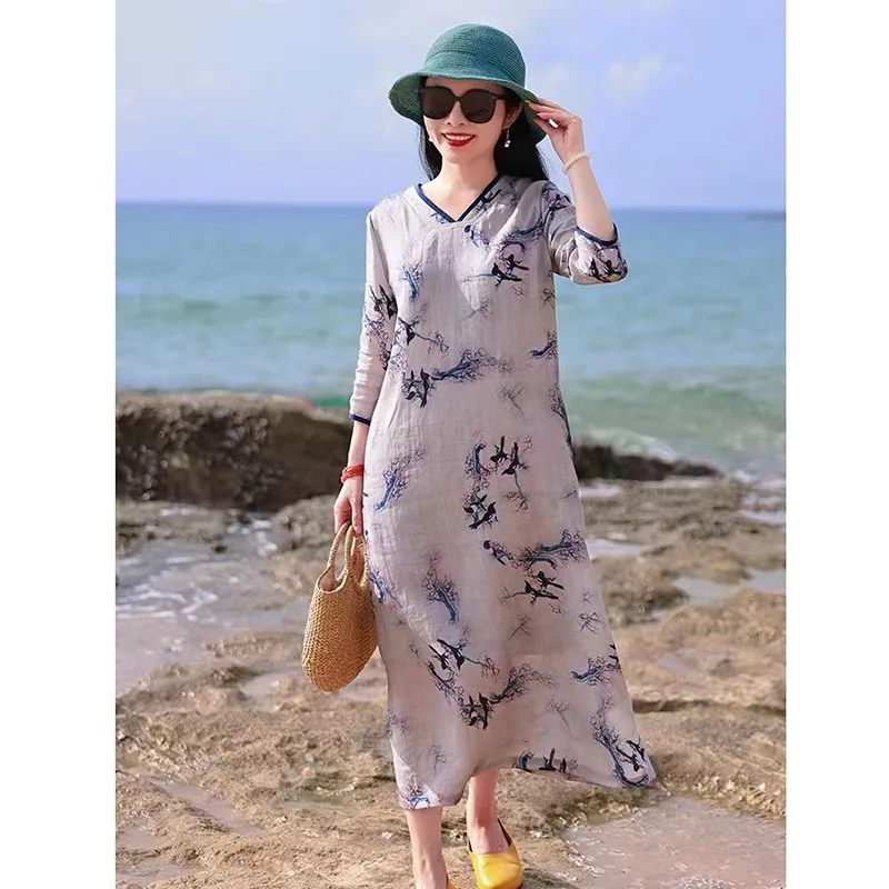 

Женское свободное платье до середины икры, повседневное хлопково-льняное платье с винтажным принтом, V-образным вырезом и рукавом три четверти, V590, лето 2023