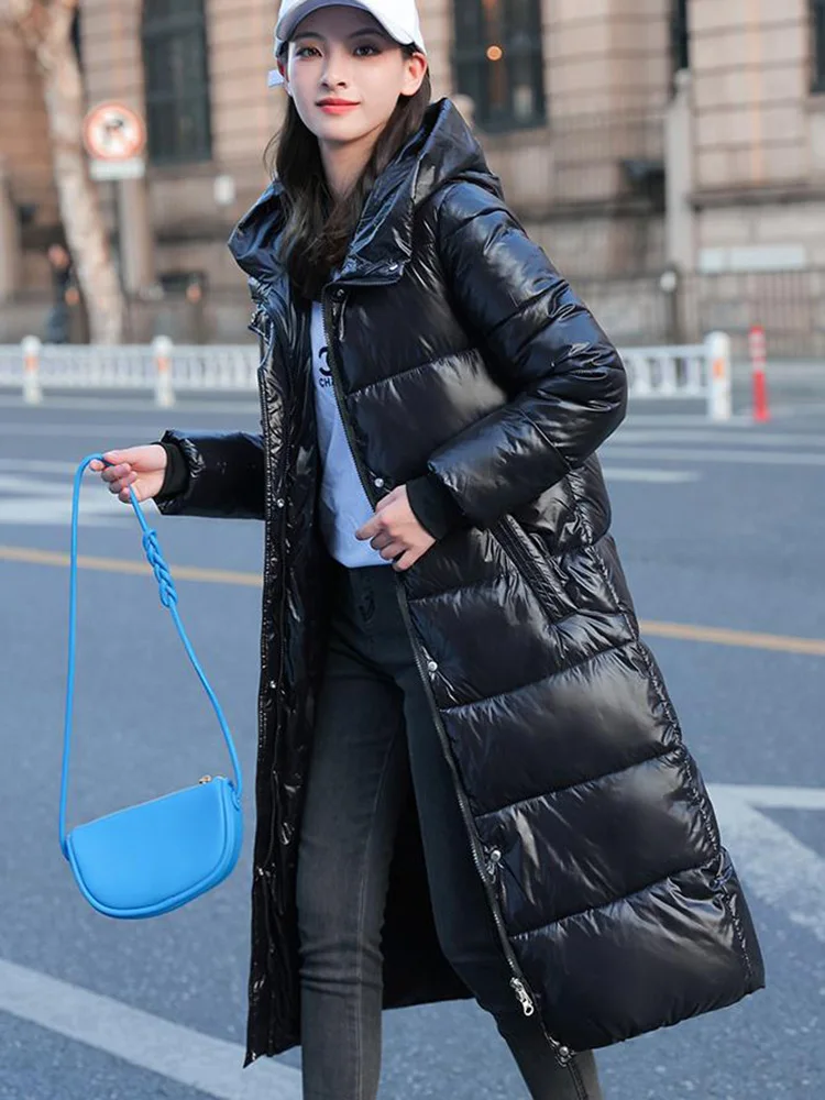 Black Glossy Parka Coat Women's 2023 Fashion Thicken Winter Hooded Loose Long Jacket Female Windproof Rainproof Warm Outwear