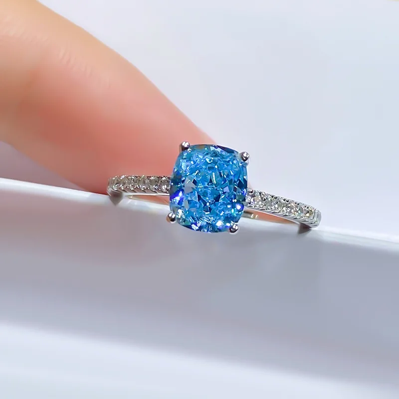 

2021 new S925 silver ring fantasy aquamarine blue diamond ring temperament white female engagement ring