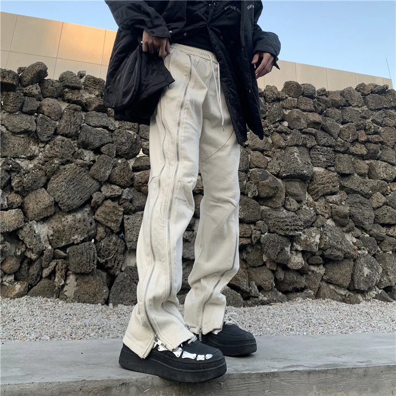 Zipper Hip Hop Cargo Pants Y2k Jeans Woman Man Baggy Streetwear Casual Black Stacked Men Free Shipping Slim Flare White Men's