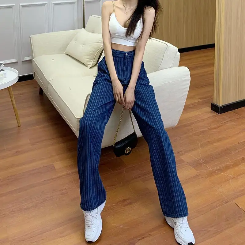 Spring Summer Casual Striped Wide Leg Denim Pants Women's Clothing Fashion Korean High Waist Loose All-match Trousers for Female