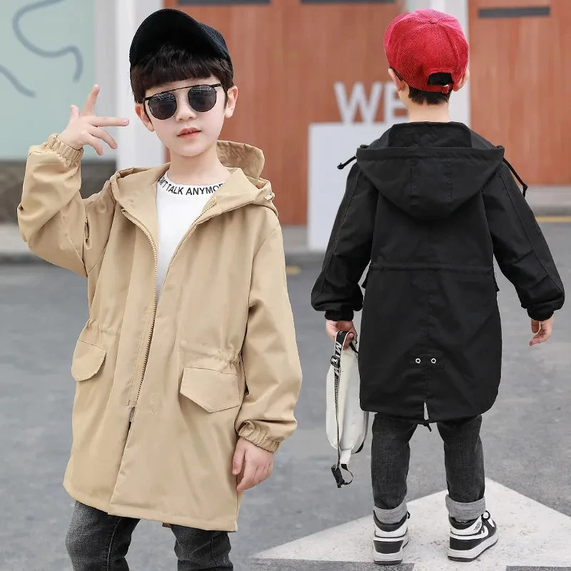 

Big Boys Hooded Zipper Trench Coat with Pockets Black Khaki Loose Casual Jacket Coat for Boy Fall Outerwear Solid Windbreake 14