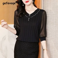 summer new womens elegant commuter knitted spliced pullovers t shirt loose korean round neck fashion 34 gauze sleeve tops