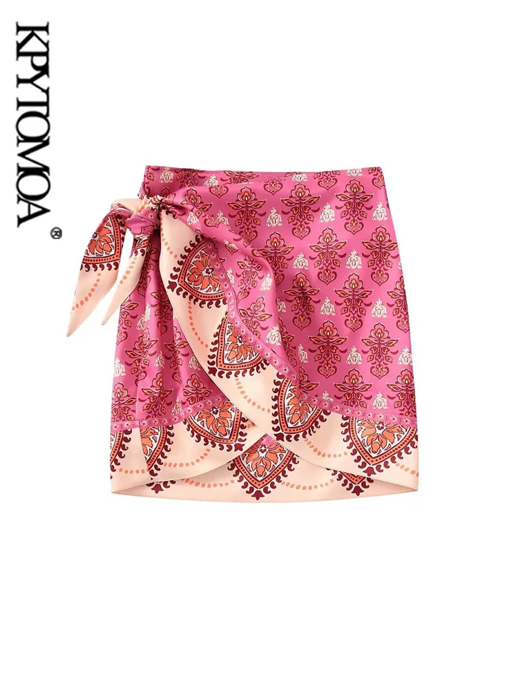 

KPYTOMOA Женская модная мини-юбка с рисунком, винтажная Женская юбка с высокой талией и завязками