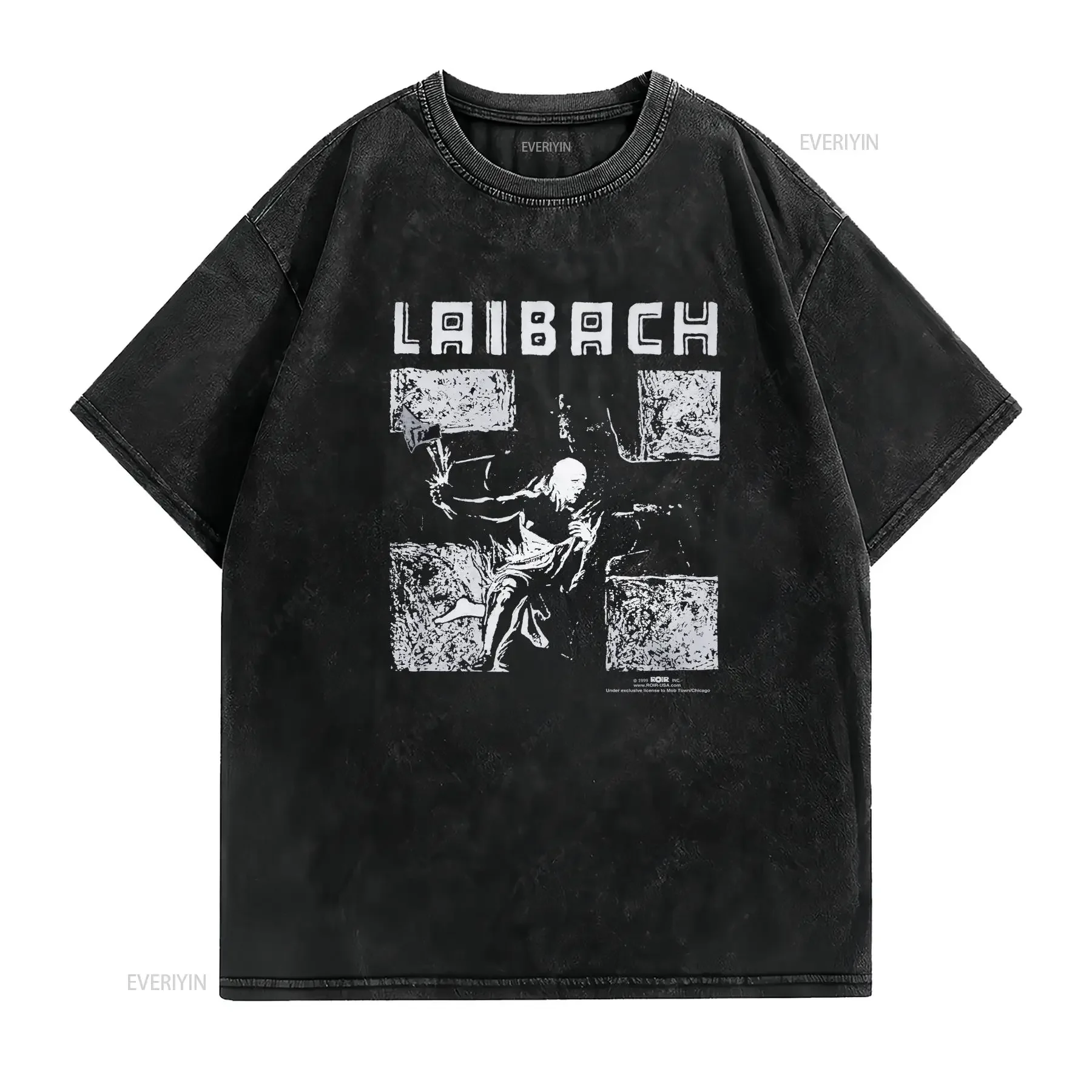 Фото Винтажная футболка LAIBACH RIBACH с принтом спереди, круглым вырезом и коротким рукавом, черная, б/у, винтажная, с эффектом потертости, удобная, мягкая, стильная №2