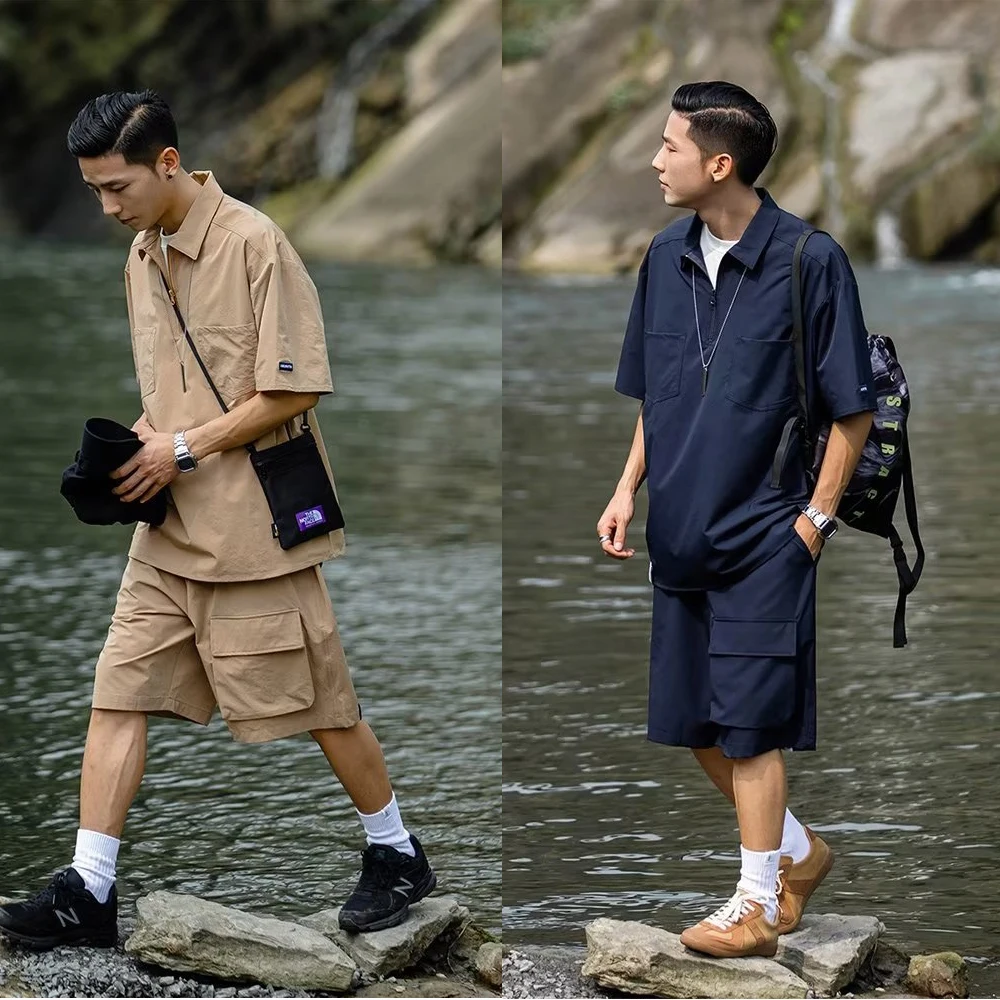 

New Cargo Pants Short Suit Male Summer Solid Color Loose T Shirts Shorts 2 Piece Set Japan Outdoor Casual Tracksuit Men Clothing