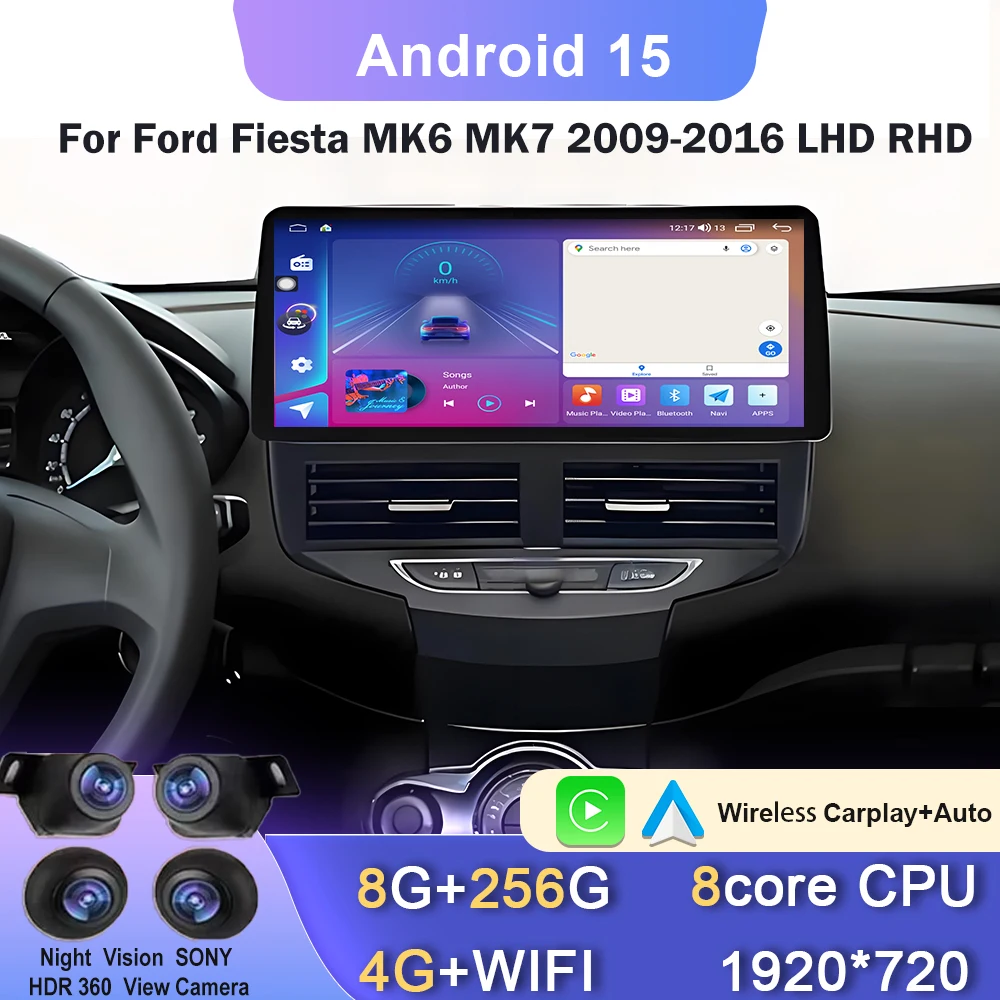 Фото 12,3-дюймовый автомобильный радиоприемник для Ford Fiesta MK6 MK7 2009-2016 LHD RHD Android мультимедийный видеоплеер GPS беспроводной Carplay QLED экран №1