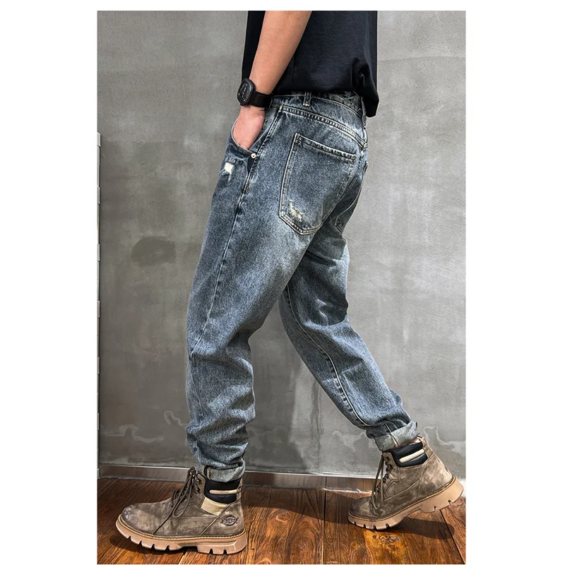 Streetwear Men Vintage Recreational Blue Ripped Jeans Loose Straight Cylinder Broad Leg Trousers Autumn Female 2022 New Style