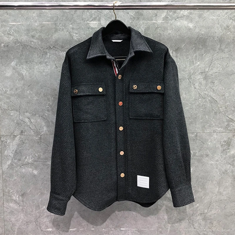 

TBMen's Thick Shirt Male Cargo Work Jacket 2022 Gold Button Wool Square Collar Long Sleeve Daley Cardigan Grey Retro Style Shirt