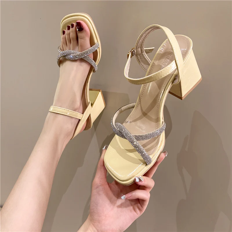 

Fashion Womens Shoes 2022 Clear Heels Rhinestone Sandals Buckle Strap Suit Female Beige Luxury Comfort New Summer Girls High Blo