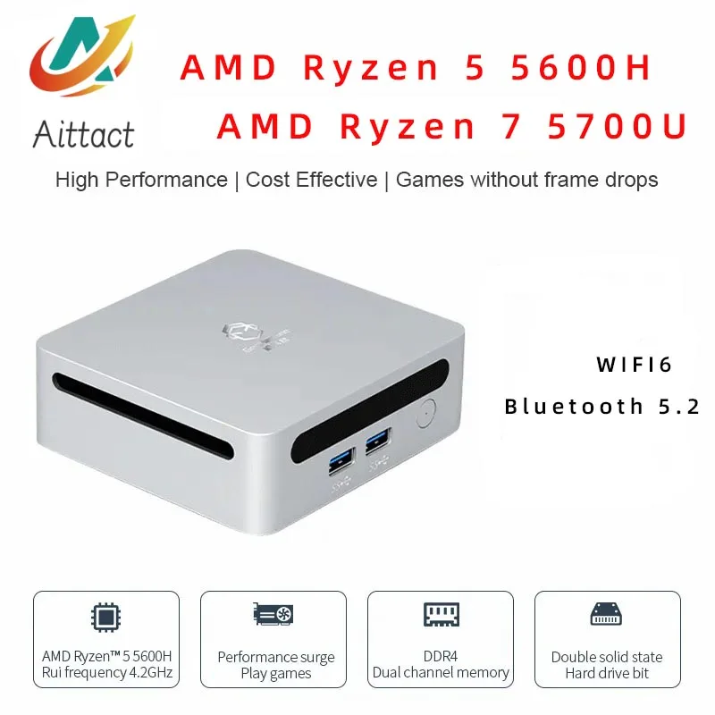 

AITTACT New AMD Ryzen 5 5600H/Ryzen 7 5700U MiniPC Windows 10/11 3.3GHz Up to 4.2GHz 2*DDR4 Max Support 64GB RAM Gaming WIFI6