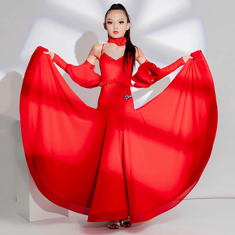 

Танцевальное платье для девушек, профессиональное красное платье для латиноамериканских танцев, костюм с юбкой-качели, одежда для бальных танцев, DN16232