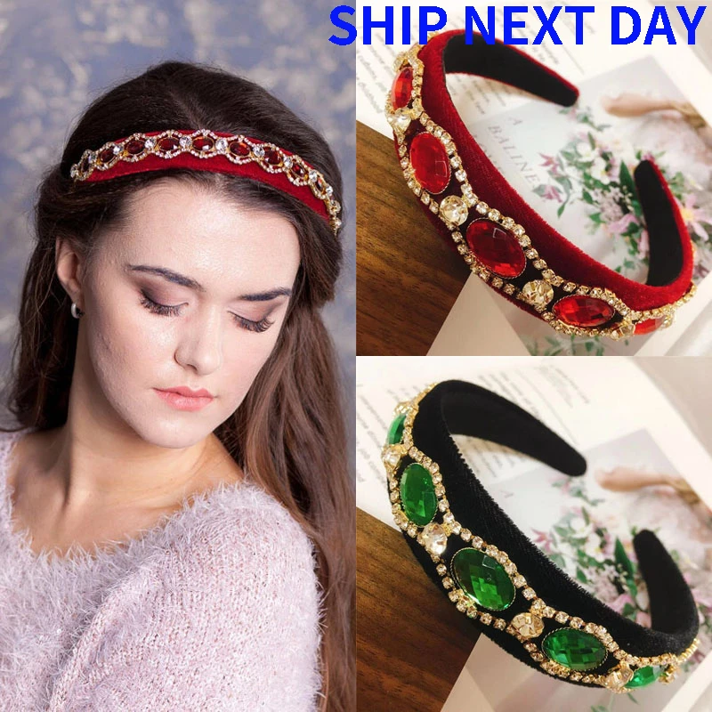 

2 Colors Retro Red Green Gem Baroque Rhinestone Headband Hairband Embellished With Rhinestones Velvet Hair Accessori Hairbands