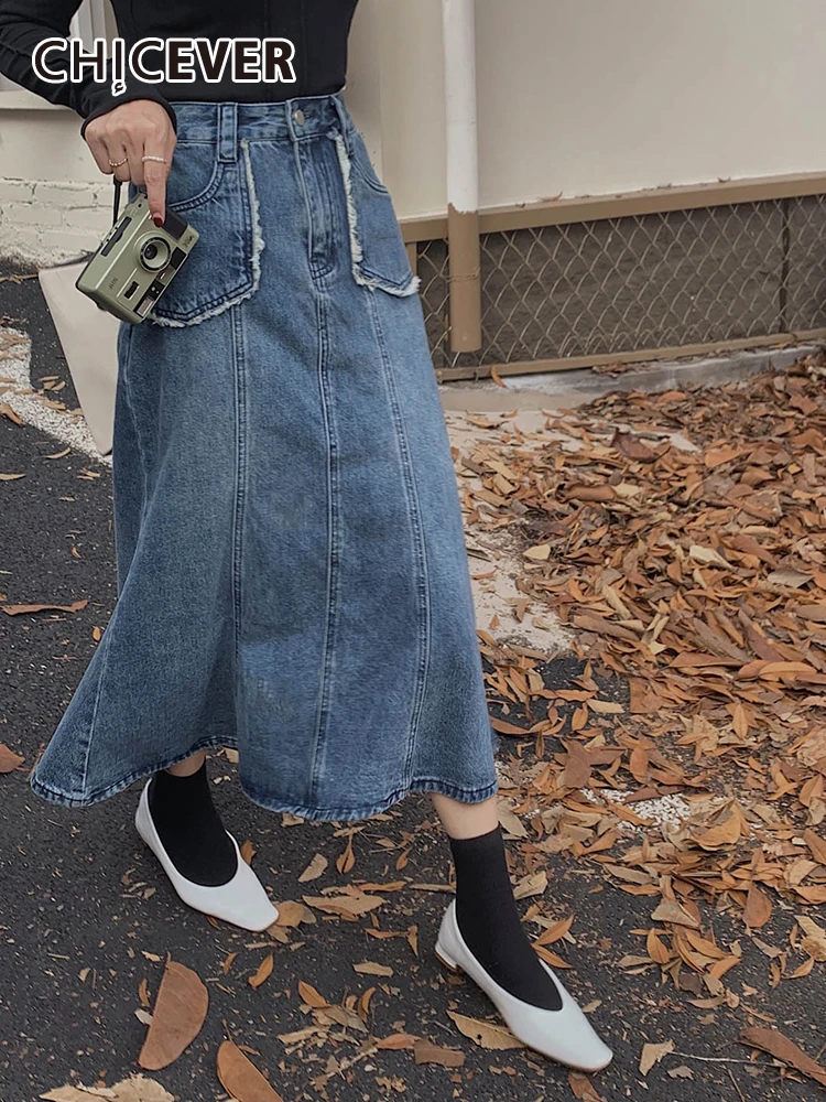 

CHICEVER Patchwork Trumpet Denim Skirts For Women High Waist Spliced Pockets Raw Hem Hit Color Slim A Line Midi Skirt Female New