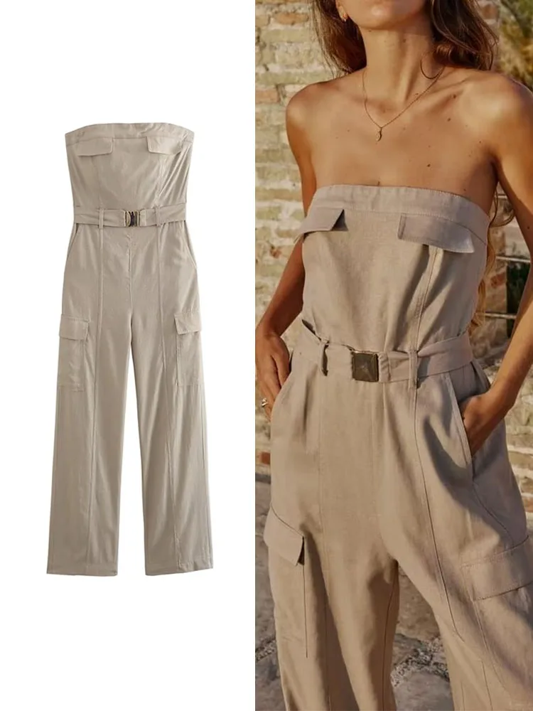 

TRAF Fashion Women Solid Strapless Jumpsuits With Belt 2023 Summer Causal Sleeveless Wrapped Chest Jumpsuit Full Cargo Pants