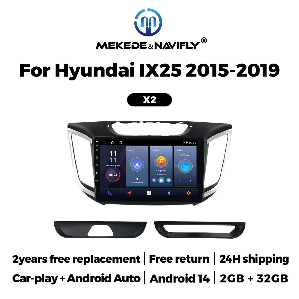  NaviFly 2DIN Android 14 для Hyundai Creta IX25 2015-2019 Беспроводной Carplay Авто Радио GPS Автомобильный