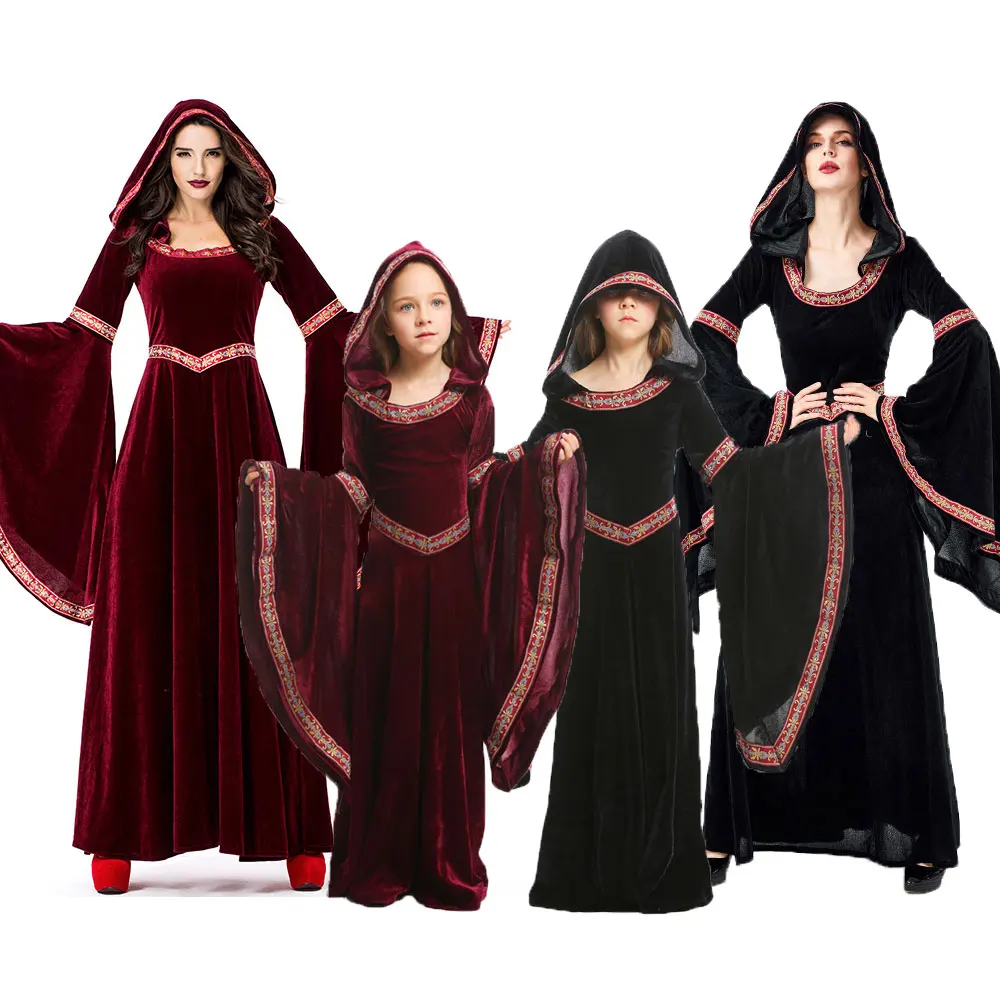 

Fantasia Family Medieval Sorceress Pagan Witch Costumes Women Girls Halloween Purim Carnival Gothic Velvet Hooded Dress