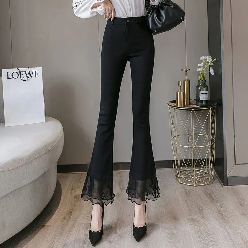 

Women Clothes Summer Fashion Lace Hollow Stitching Pants Female High Waist Leggings Trousers Casual Streetwear Slim Flare Pant