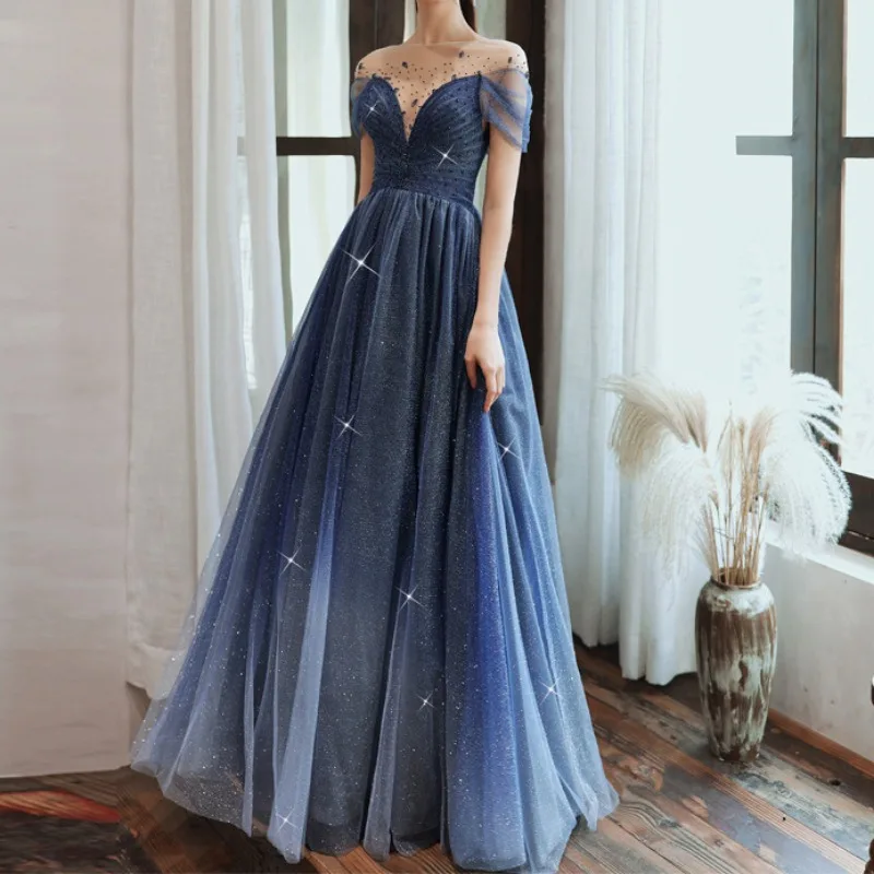 

Dreamy V-neck Formal Prom Gown Sky Blue Off The Shoulder Sequins Beading Slim Waist Wedding Dresses 2023 Homecoming Dresses
