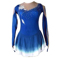 women blue flower figure skating dress long sleeve shiny rhinestone dancewear girls ice skating outfits performance costume